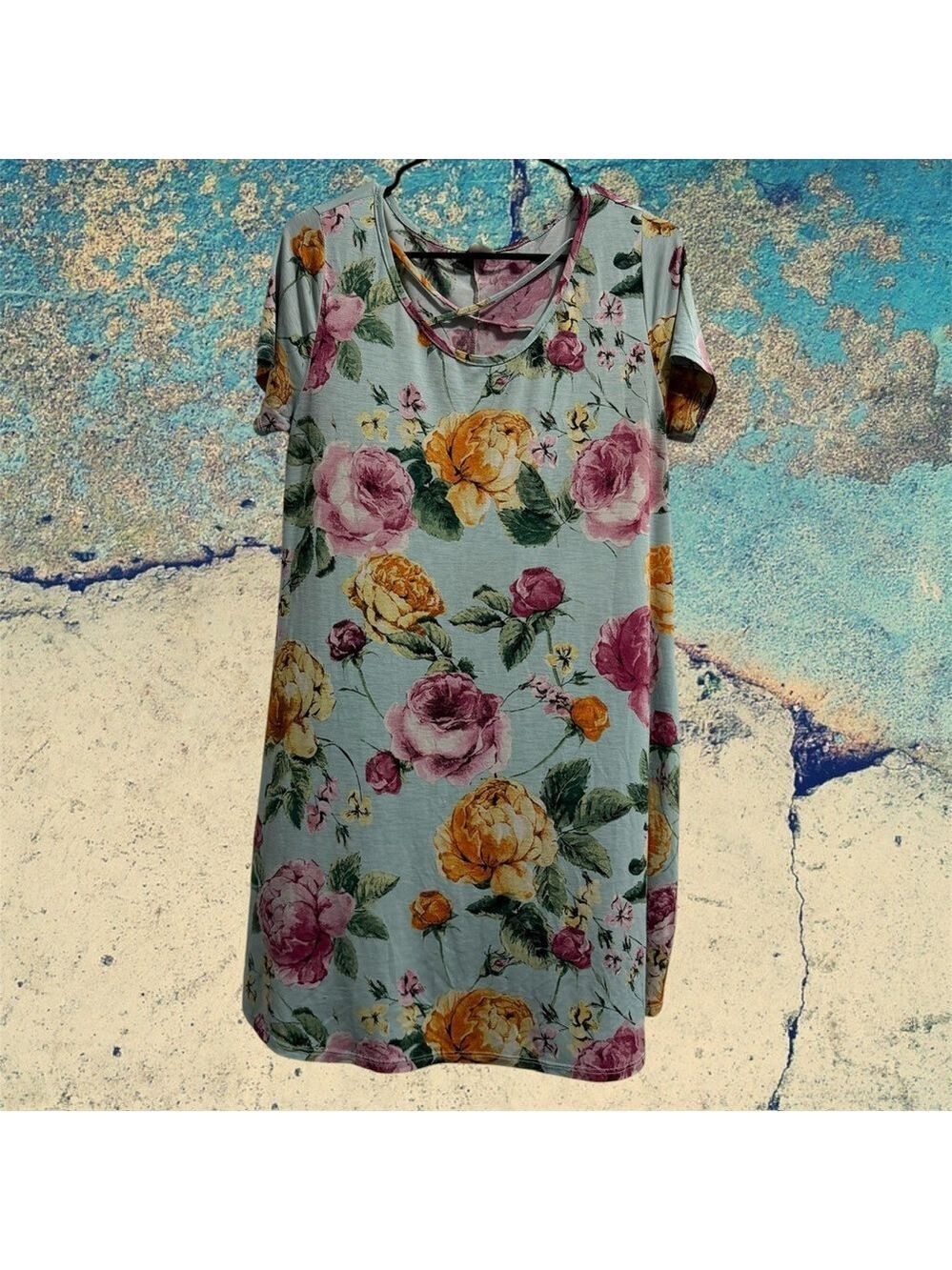 Women’s Floral Midi Dress in Light Blue with Pink & Yellow Roses M